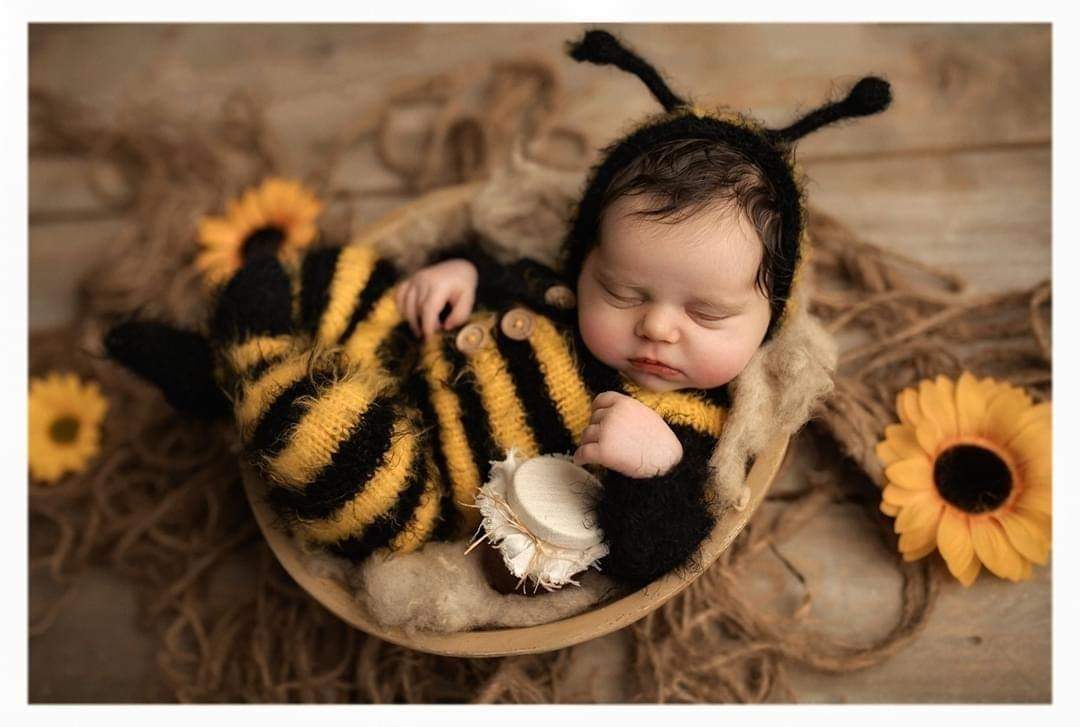 Newborn bee theme. knitted pyjama, bonnet, yellow, black, READY TO SEND