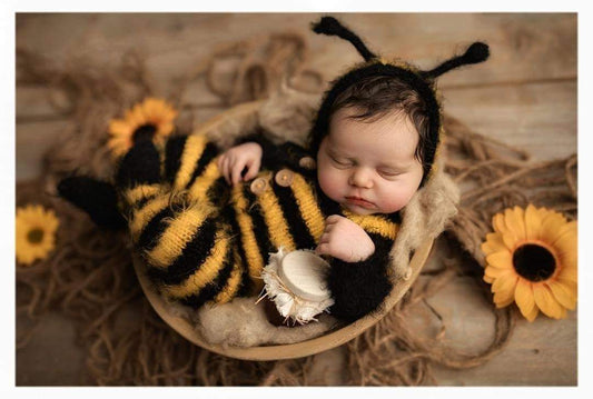 Newborn bee theme. knitted pyjama, bonnet, yellow, black, PRE ORDER