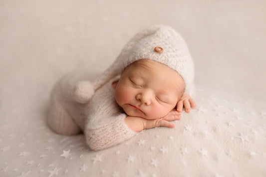 Newborn size knitted pyjama, wrap, pillow, bonnet, sleep hat, off white, Ready to send