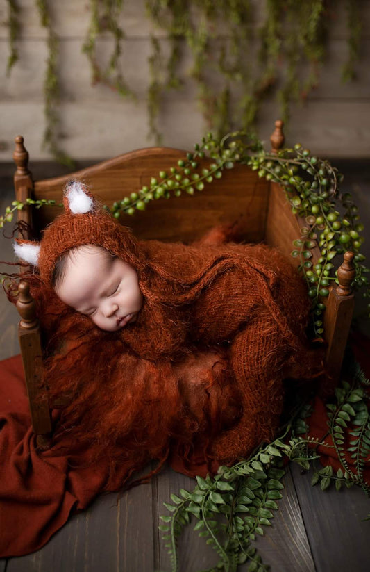 Knitted newborn pyjama, footed, fox, bonnet, READY TO SEND