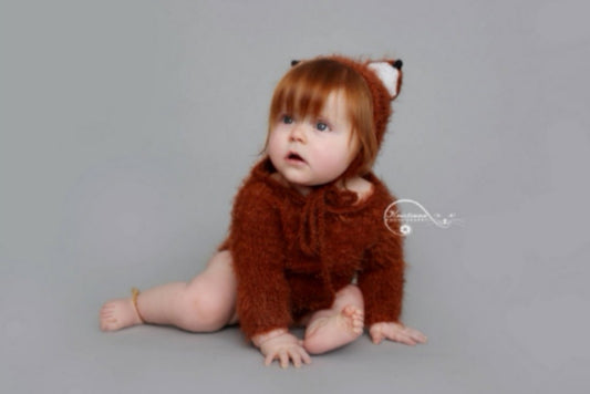 Sitter size fox outfit, knitted romper, fox bonnet,READY TO SEND