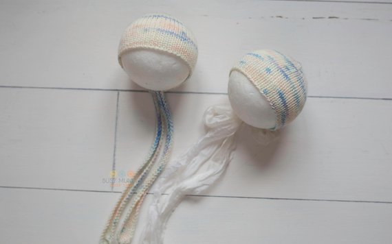 Newborn knitted romper bonnet wide ties, silk ties, photo prop - Busy mummy prop shop