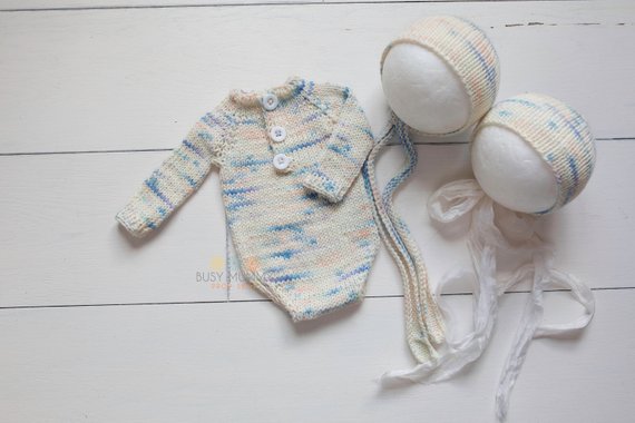 Newborn knitted romper bonnet wide ties, silk ties, photo prop - Busy mummy prop shop