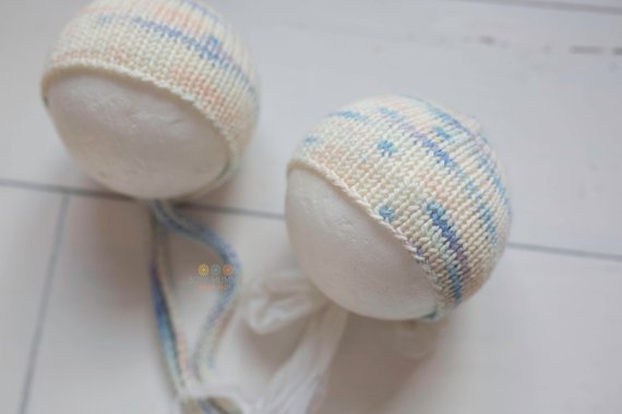 Newborn knitted romper bonnet wide ties, silk ties, photo prop - Busy mummy prop shop