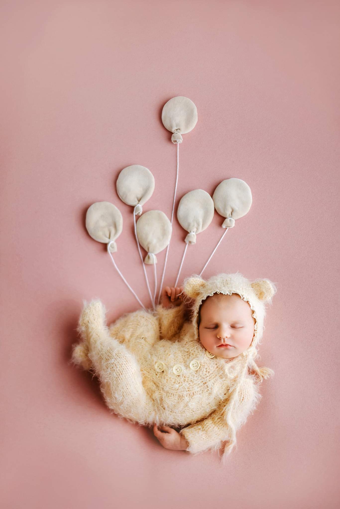 Newborn size knitted pyjama, girl, bear, fluffy, pink, cream, READY TO SEND